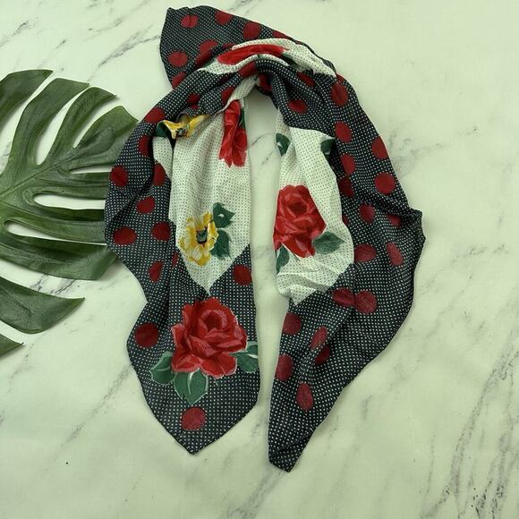 Adrienne Vittadini Womens Vintage 90s Floral Scarf Red Black Polka Dot Italy - Picture 1 of 5